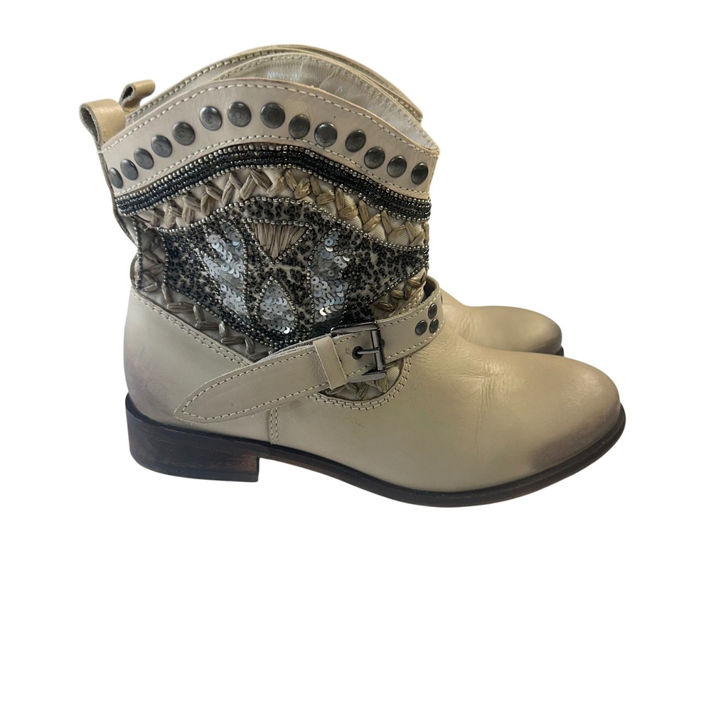 Naughty Monkey Lysandra Beige Leather Boho Studded Sequin Ankle Boots Size 8